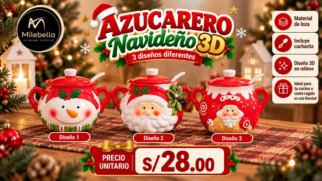 🎄 Azucarero Navideño 3D de Cerámica – 3 Diseños