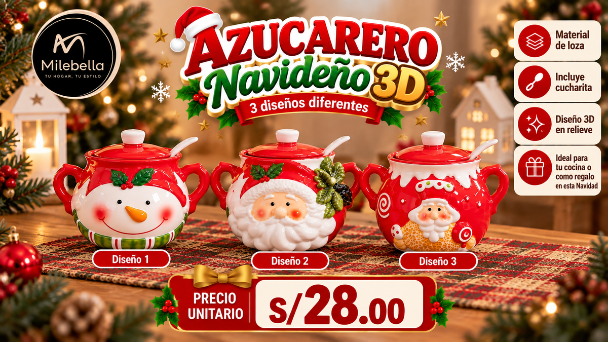 🎄 Azucarero Navideño 3D de Cerámica – 3 Diseños