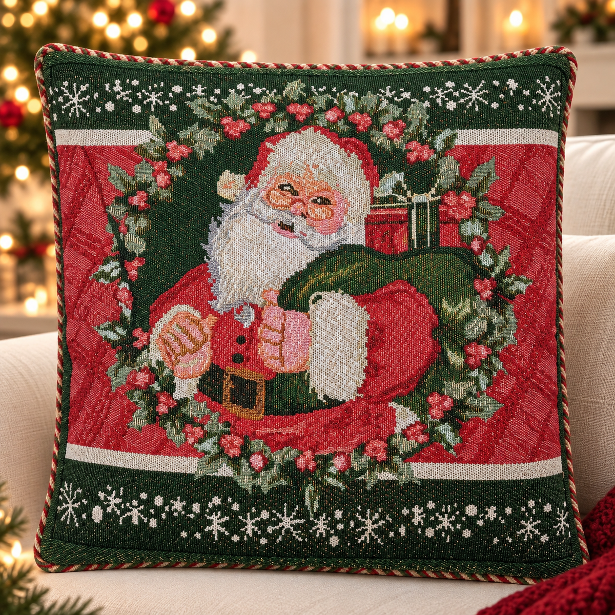 Funda de Cojín Navideña Decorativa 40 x 40 cm con Hilos Dorados