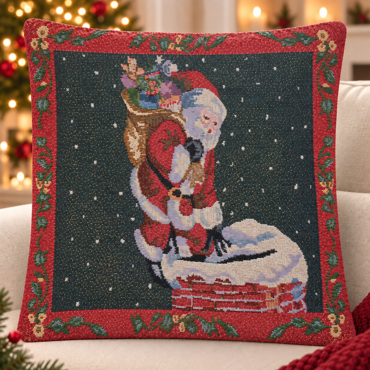 Funda de Cojín Navideña Decorativa 40 x 40 cm con Hilos Dorados