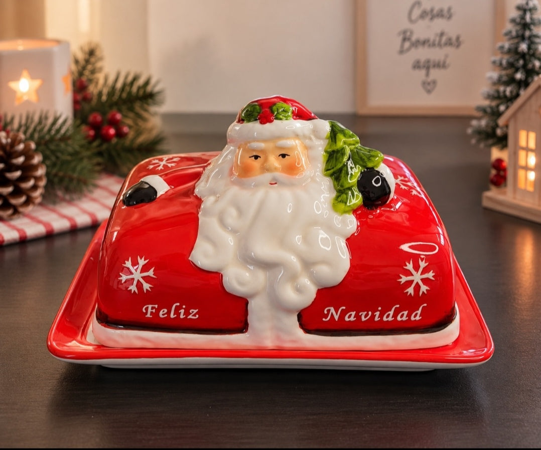 Mantequillera Navideña 3D de Cerámica – Diseño Santa Claus