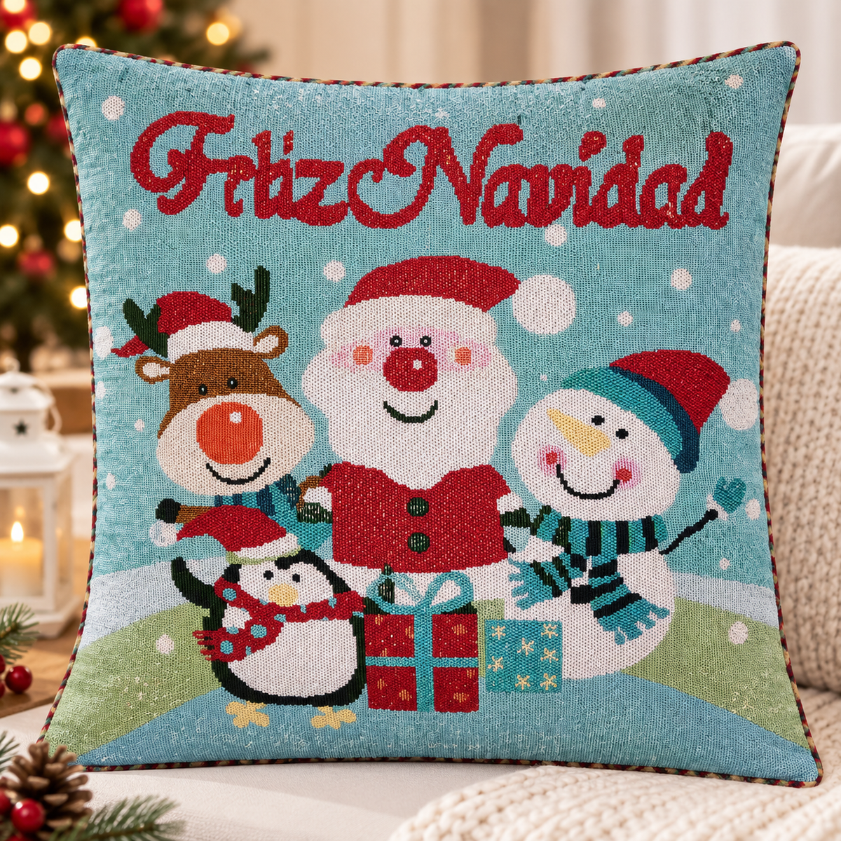Funda de Cojín Navideña Decorativa 40 x 40 cm con Hilos Dorados