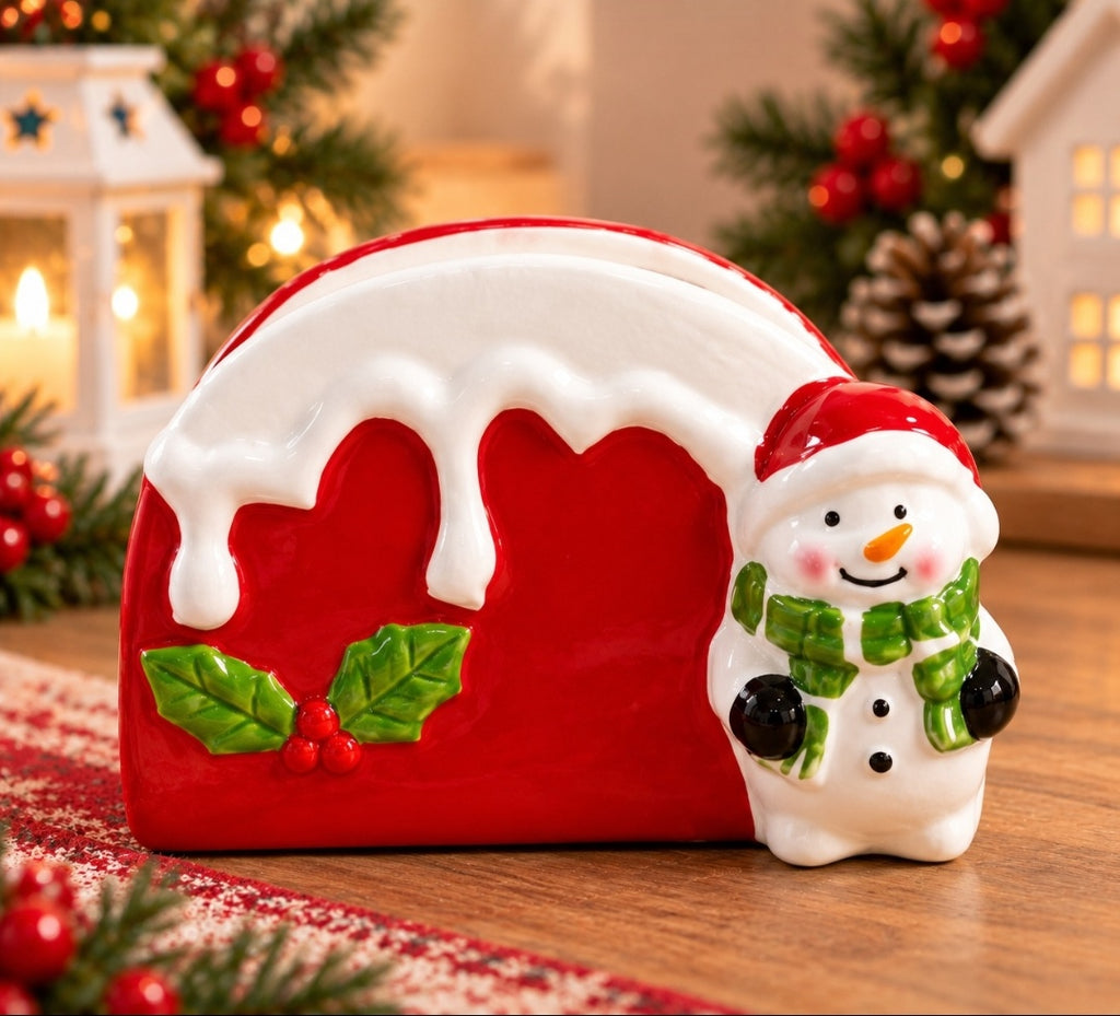 Servilletero Navideño 3D de Cerámica – Muñeco de Nieve